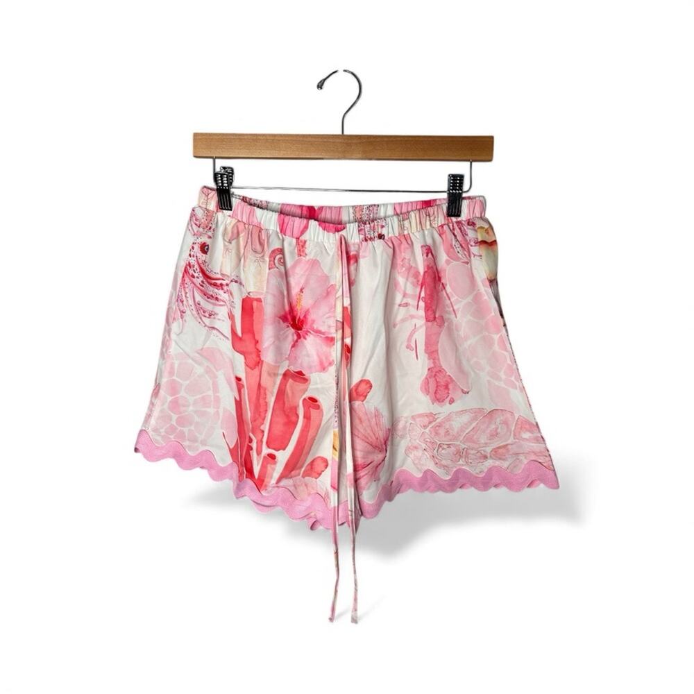 Pink White Scalloped Hem Drawstring Shorts Medium